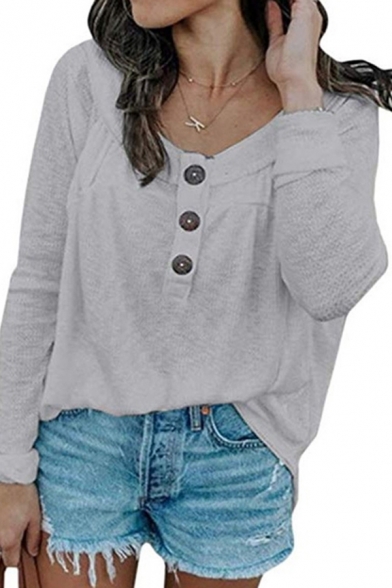 Elegant Fashion Ladies' Long Sleeve Round Neck Button Front Relaxed Fit Solid Color T Shirt