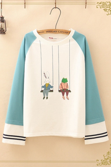 Fantastic Womens Long Sleeve Round Neck Cartoon Rabbit Frog Patterned Varsity Stripe Colorblock Relaxed Tee