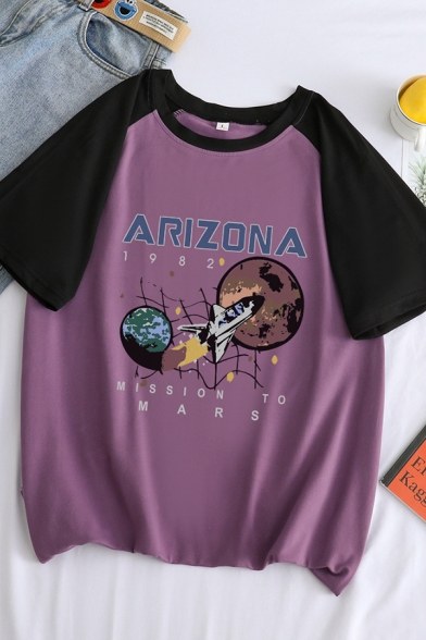 Fashionable Girls Short Sleeve Crew Neck Letter ARIZONA Rocket Graphic Colorblocked Fit T Shirt