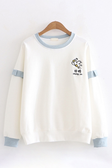 Fashionable Womens Long Sleeve Round Neck Chinese Letter Duck Embroidery Ruffled Trim Contrasted Loose Pullover Sweatshirt