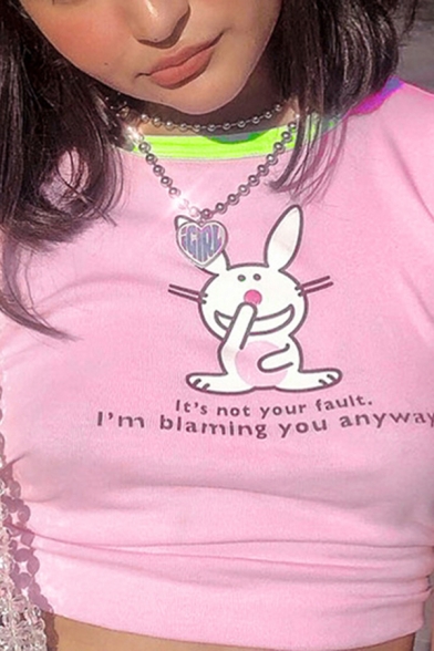 Hot Street Girls Short Sleeve Round Neck Letter IT'S NOT YOUR FAULT Rabbit Graphic Contrast Piped Fitted Crop Tee in Pink