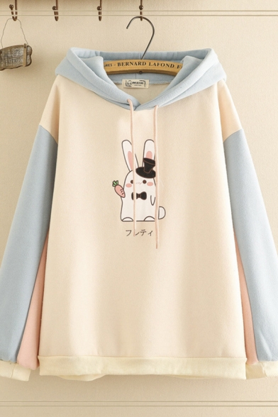 Kawaii Girls Long Sleeve Drawstring Rabbit Graphic Color Block Relaxed Fit Hoodie