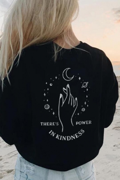 Ladies Stylish Long Sleeve Round Neck Letter IN KINDNESS Moon Hand Graphic Relaxed Pullover Sweatshirt