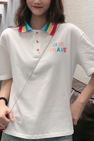 Leisure Classic Girls' Short Sleeve Rainbow Lapel Neck Button Detail GIVE BRAVE Letter Relaxed Fit Polo Top