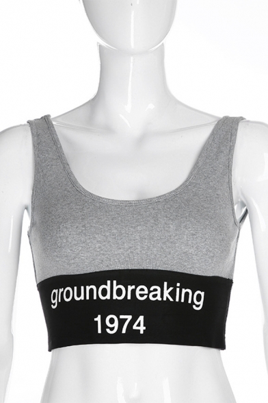 Popular Womens Sleeveless Letter GROUND BREAKING 1974 Knitted Color Block Fit Crop Tank Top in Gray