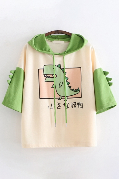 Pretty Girls Green Short Sleeve Drawstring Japanese Letter Dinosaur Graphic Colorblock Loose Hoodie