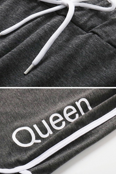 Sportswear Womens Drawstring Waist Letter QUEEN Contrast Piped Slit Side Fitted Shorts in Dark Gray