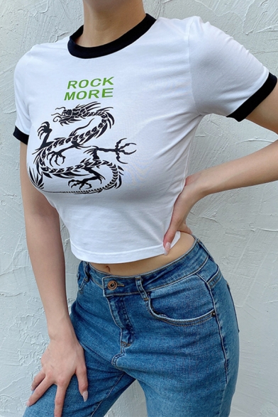 Streetwear White Short Sleeve Crew Neck Letter ROCK MORE Dragon Graphic Slim Fit Crop T-Shirt for Girls