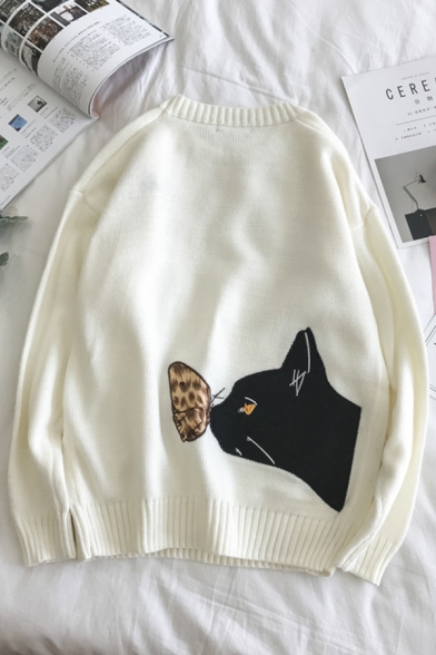 Stylish Men's Long Sleeve Crew Neck Black Cat Butterfly Pattern Knit Oversize Sweater Top