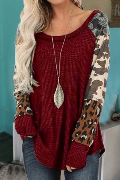 Trendy Women's Long Sleeve Round Neck Camo Printed Waffle Knit Panel Relaxed T-Shirt
