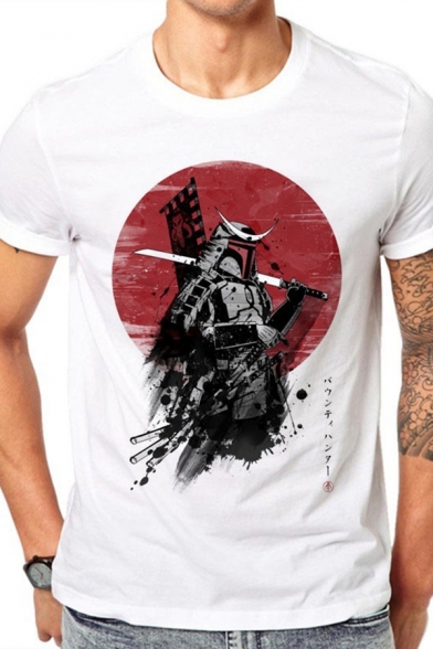 Basic Street Boys Short Sleeve Crew Neck Cartoon Samurai Printed Slim Fitted T Shirt in White