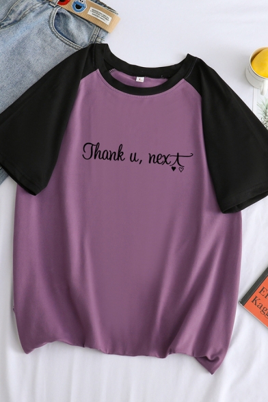 Casual Cool Short Sleeve Crew Neck Letter THANK YOU NEXT Colorblock Relaxed Fit T Shirt for Girls