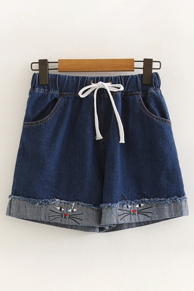 Casual Fashion Drawstring Waist Cat Embroidery Cuffed Raw Edge Relaxed Fit Denim Shorts