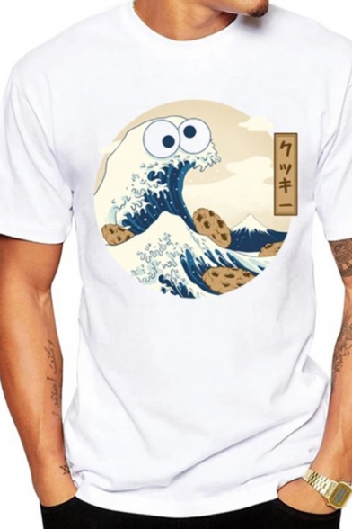 Casual Summer Short Sleeve Crew Neck Japanese Letter Funny Wave Graphic Slim Fitted T-Shirt in White