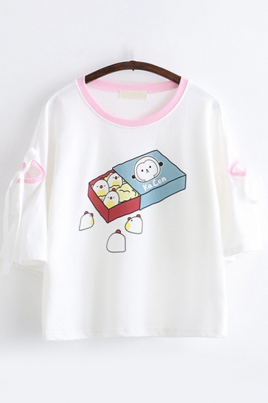 Casual Three-Quarter Sleeve Round Neck Cartoon Patterned Bow Tie Contrast Piped Relaxed T Shirt