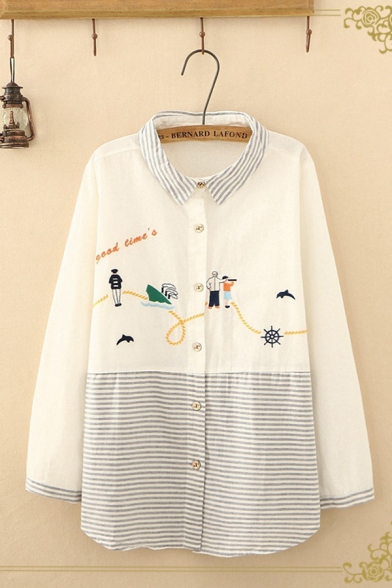 Casual Womens Long Sleeve Lapel Collar Button Down Stripe Panel Cartoon Embroidered Curved Hem Loose Shirt in White
