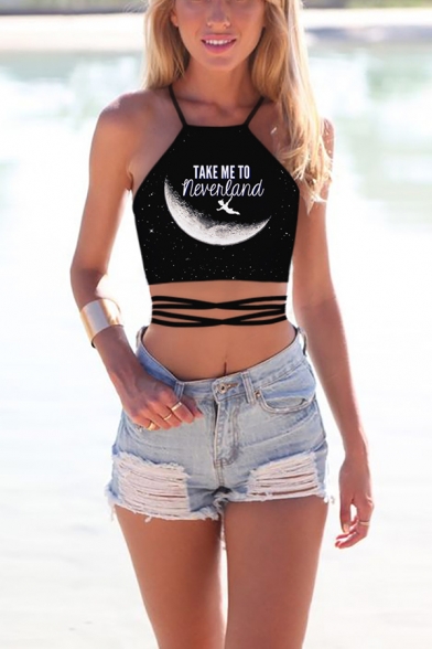 Chic Womens Sleeveless Moon Pattern Hollow Out Lace Up Slim Fit Crop Cami Top