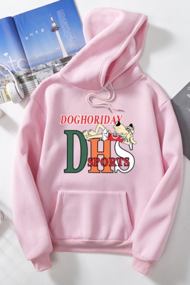 Cool Fashion Ladies Long Sleeve Drawstring Letter DHS Dog Printed Pouch Pocket Loose Hoodie