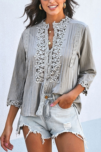 Elegant Ladies' Plain Long Sleeve V-Neck Floral Embroidery Lace Panel Button Down Fit Shirt Top