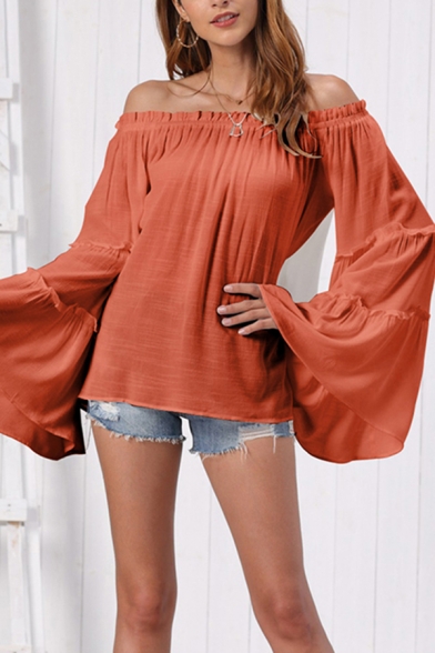Fancy Women's Bell Sleeve Off the Shoulder Relaxed Fit Plain Blouse