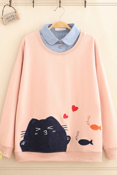 Fashion Girls' Long Sleeve Lapel Collar Cat Pattern Fake Two-Piece Relaxed Fit Pullover Sweatshirt