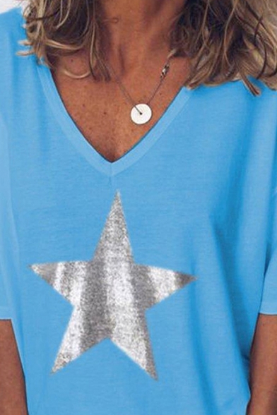 Fashionable Girls' Short Sleeve V-Neck Pentagram Patterned Relaxed Fit T-Shirt