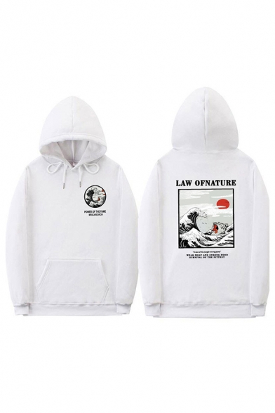Hip Hop Boys Long Sleeve Drawstring Letter LAW OF NATURE Wave Graphic Pouch Pocket Loose Hoodie