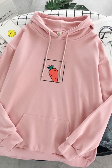 Korean Girls Long Sleeve Drawstring Carrot Printed Relaxed Fit Hoodie with Pocket