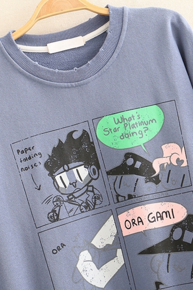 Kpop Girls' Long Sleeve Crew Neck Comic Printed Loose Fit Pullover Graphic Sweatshirt