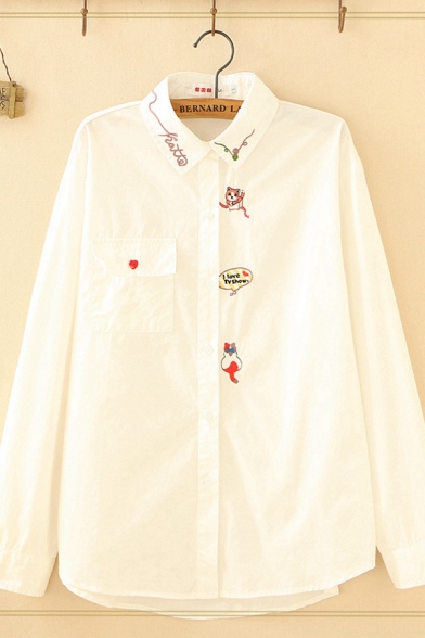 Leisure Lovely Long Sleeve Lapel Neck Button Down Cartoon Embroidery Flap Pocket Loose Fit Shirt in White