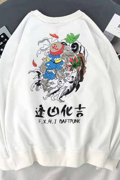 Novelty Guys' Long Sleeve Crew Neck Chinese Letter Dragon Printed Loose Fit Graphic Pullover Sweatshirt