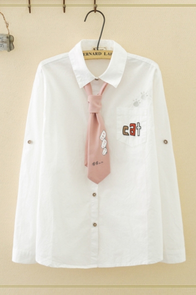 Popular Girls Long Sleeve Lapel Collar Button Down Letter CAT Graphic Relaxed Fit White Shirt with Tie