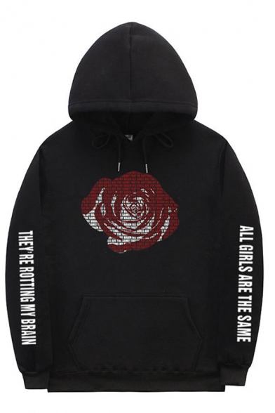 Popular Men's Long Sleeve Drawstring Rose Print Letter Graphic Pouch Pocket Hoodie