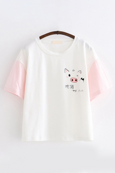 Preppy Girls Short Sleeve Round Neck Chinese Letter Pig Graphic Colorblock Relaxed Fit T Shirt