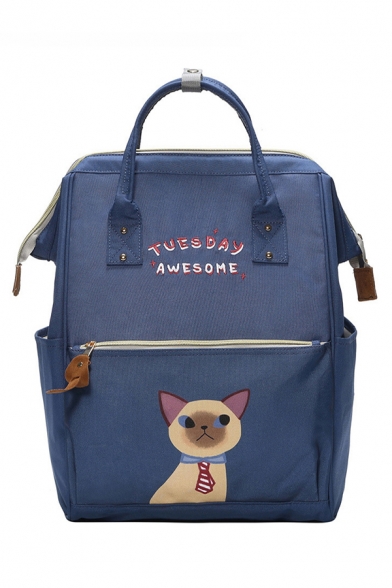 Preppy Looks Letter THURSDAY AWESOME Cartoon Cat Print Large Capacity Backpack