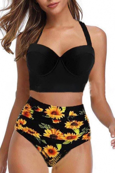 Sexy Swimming Girls Sleeveless Floral Patterned Fitted Crop Two Piece Bikini Set