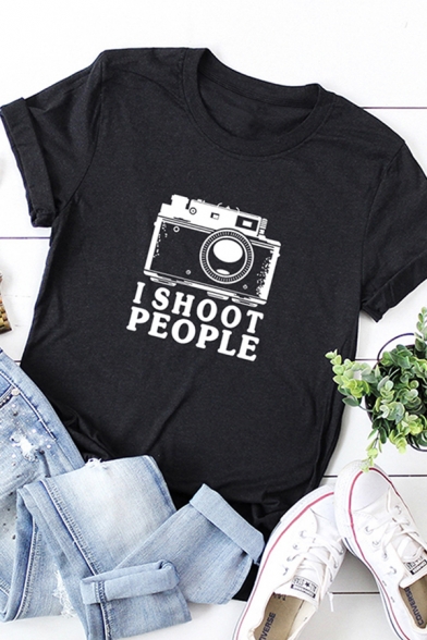 Simple Cool Roll-Up Sleeve Crew Neck Letter I SHOOT PEOPLE Camera Print Relaxed Graphic T Shirt for Girls