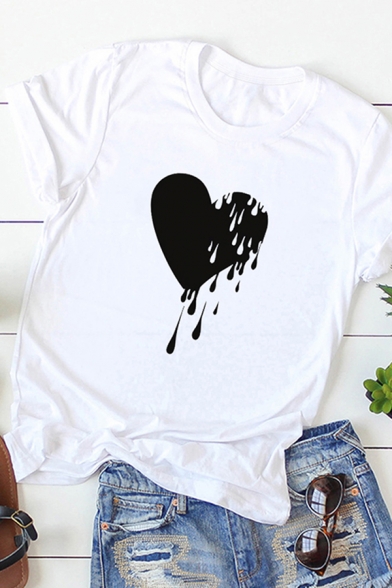 Simple Girls Roll Up Sleeve Crew Neck Dripping Heart Patterned Loose T Shirt