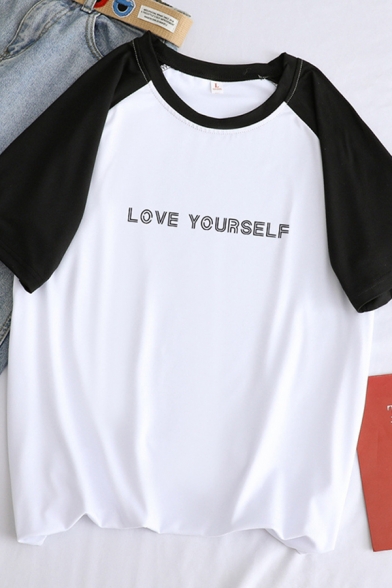 Streetwear Girls Short Sleeve Round Neck Letter LOVE YOURSELF Print Color Block Relaxed T Shirt
