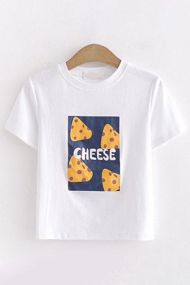 Stylish Girls Short Sleeve Round Neck Cheese Graphic Relaxed Cropped T Shirt