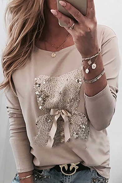 Trendy Ladie's Apricot Long Sleeve Round Neck Sequined Bear Bow Tie Fitted Tee