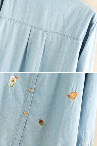 Trendy Ladies' Light Blue Long Sleeve Lapel Collar Bear Embroidered Button Down Long Loose Denim Shirt