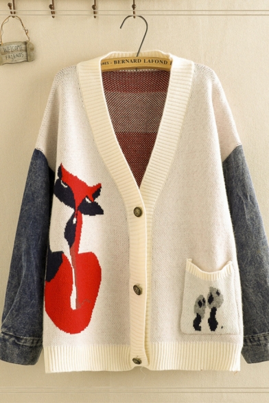 

Trendy Ladies' Long Sleeve Button Down Fox Printed Denim Panel Knit Pocket Loose Cardigan, Beige;navy, LM596678