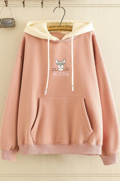 Trendy Womens Long Sleeve Drawstring Letter ALONG Dog Graphic Contrasted Pouch Pocket Oversize Hoodie