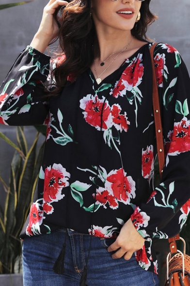 Women's Leisure Long Sleeve V-Neck All Over Floral Printed Drawstring Loose Fit Shirt