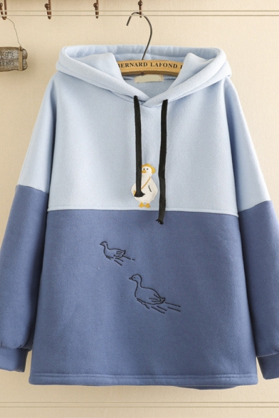 Womens Fashion Chic Long Sleeve Drawstring Duck Embroidered Colorblock Loose Fit Hoodie in Blue