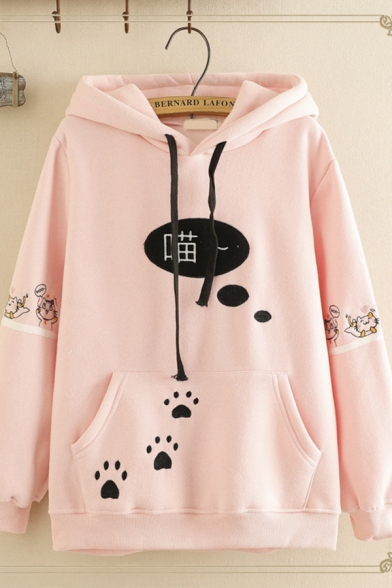 Casual Women's Long Sleeve Drawstring Chinese Letter Footprint Pattern Pouch Pocket Relaxed Fit Hoodie