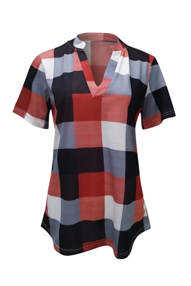Classic Leisure Short Sleeve V-Neck Plaid Print Relaxed Fit T Shirt for Ladies