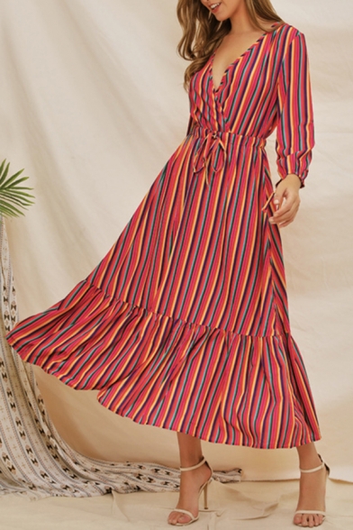 

Classy Women' Long Sleeve Surplice Neck Stripe Pattern Ruffle Hem Maxi Pleated A-Line Dress in Red, LM595345