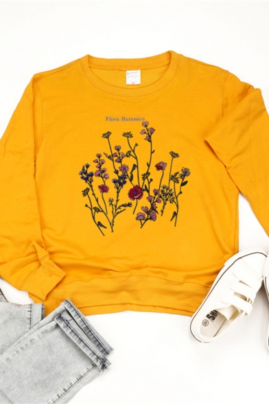 Colorful Flower Printed Long Sleeve Round Neck Loose Fit Pullover Sweatshirt